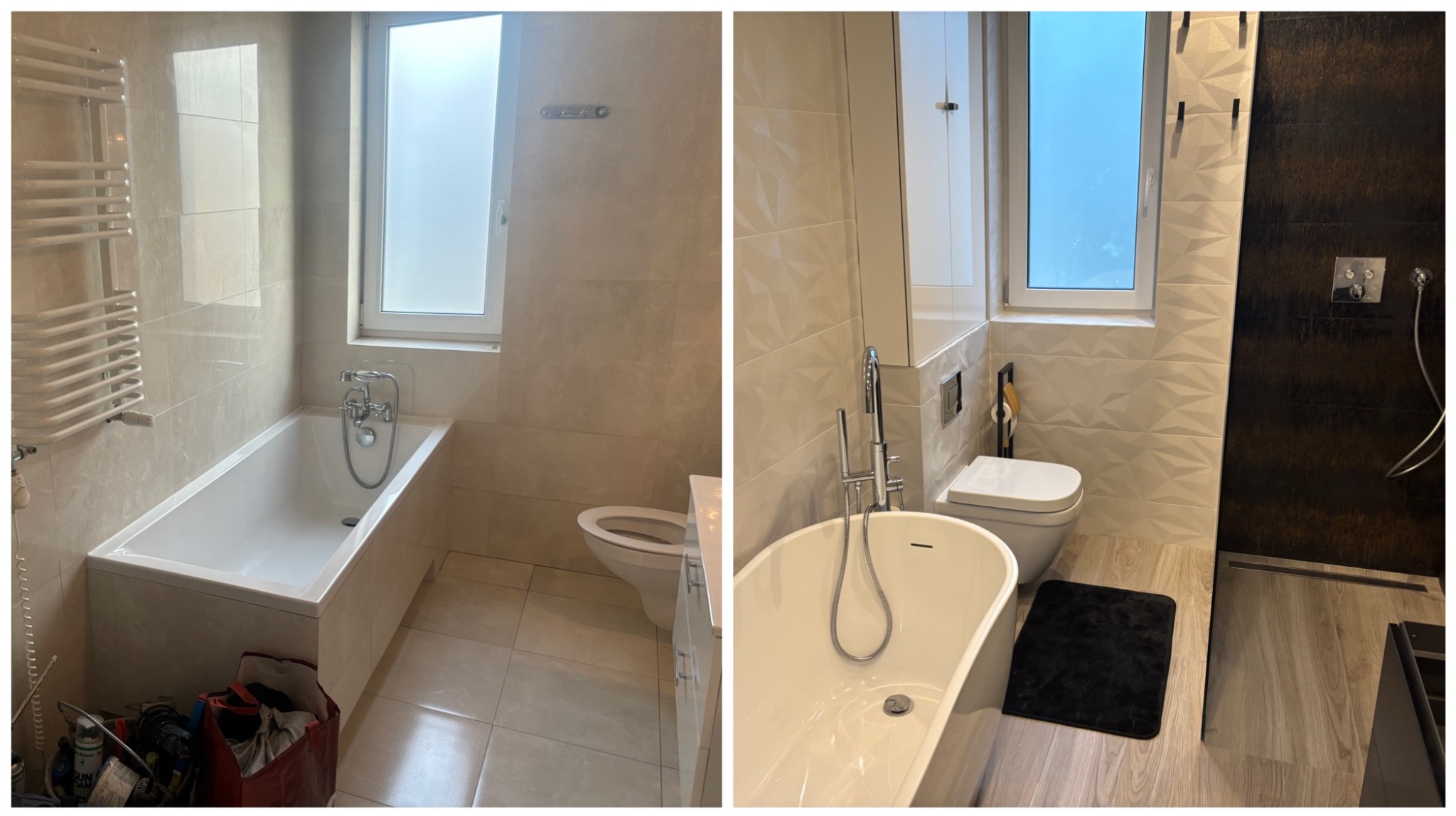 Porównanie: łazienka po remoncie z wanną, toaletą, grzejnikiem i oknem. Po lewej narzędzia, po prawej dywanik i deszczownica. Nowoczesny design, jasne płytki.