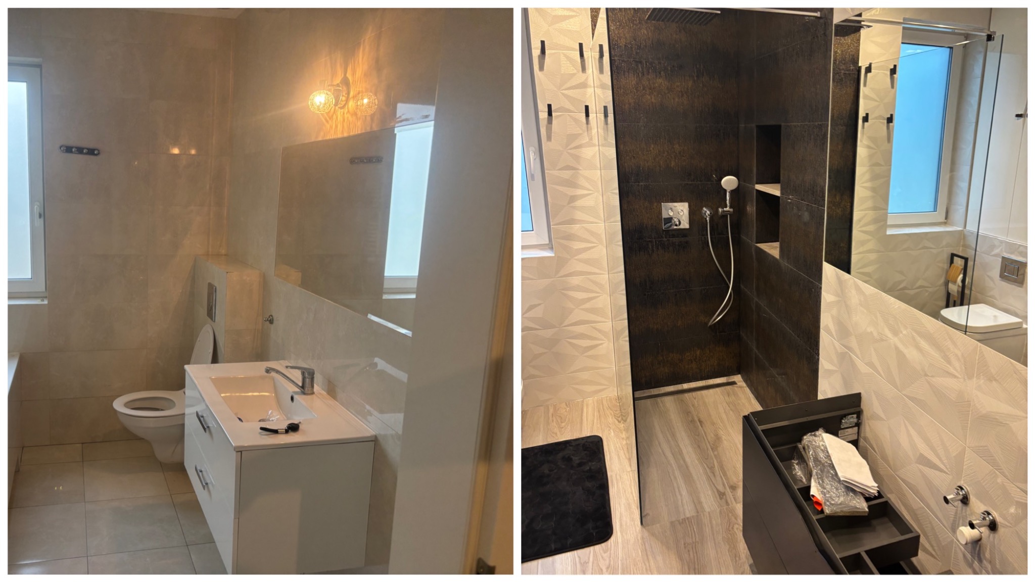 Dwa ujęcia wykończonej łazienki w Gdańsku: umywalka z szafką, toaleta i kabina prysznicowa z ciemnymi płytkami i wnęką. Nowoczesny design i jasne płytki.