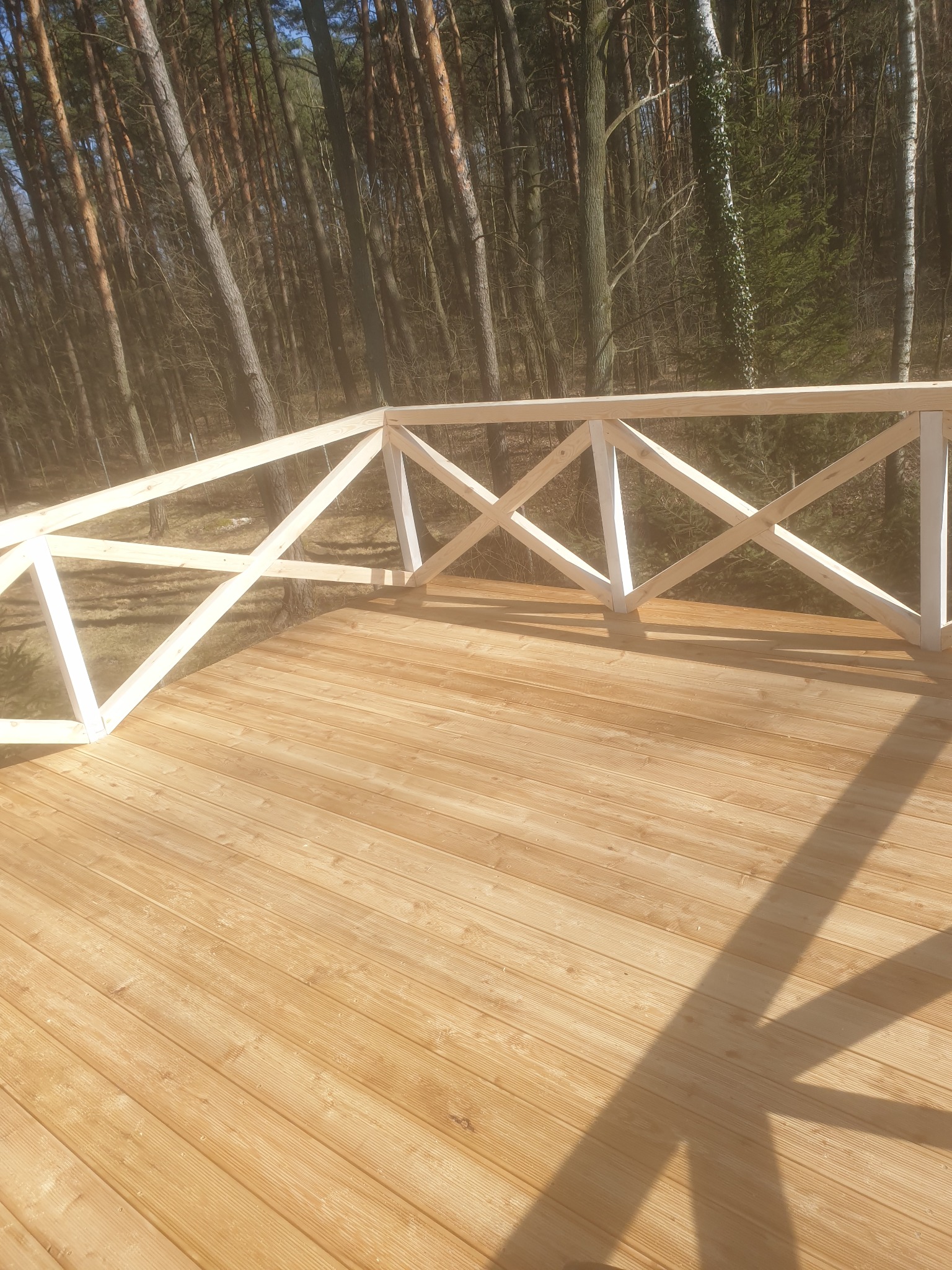 Nowo wybudowany drewniany taras z jasnym, pomalowanym na biało ogrodzeniem, otoczony lasem sosnowym w słoneczny dzień.