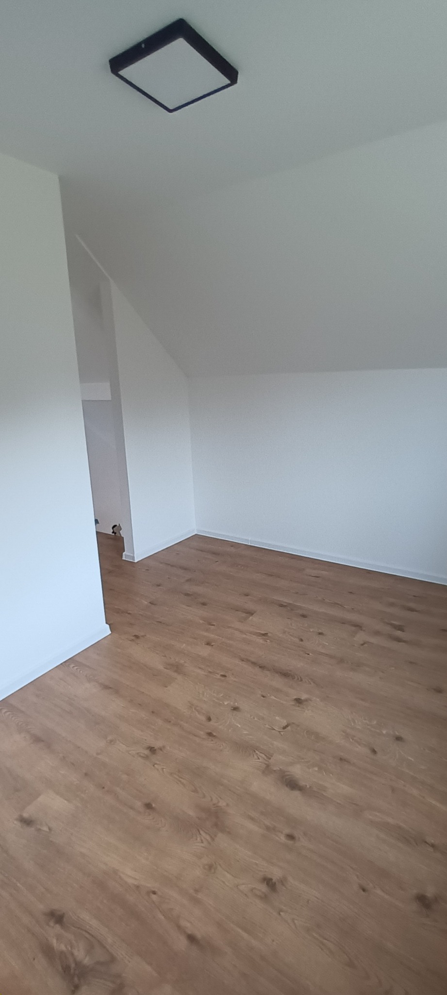 Puste, pomalowane na biało poddasze z nowymi panelami podłogowymi o wzorze drewna, widok na sąsiednie pomieszczenie.