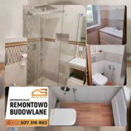 Wykończona łazienka z kabiną prysznicową ze szklaną ścianką, umywalką z szafką, toaletą z bidetką i płytkami w geometryczne wzory. Ujęcie zawiera kolaż zdjęć z różnych perspektyw.