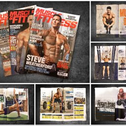 Hello Design Studio Kreatywne Joanna Darmochwał - Zestawienie otwartych magazynów fitness, prezentujących sylwetki wysportowanych mężczyzn i artykuły o treningu, dietach i budowaniu masy mięśniowej na ciemnoszarym tle.