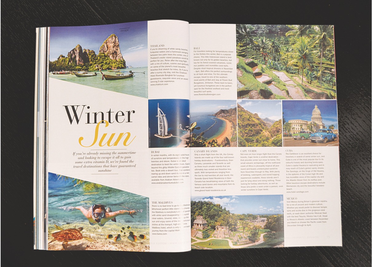 Otwarta strona magazynu podróżniczego z artykułem o zimowych destynacjach słonecznych, prezentującym zdjęcia z Tajlandii, Dubaju, Malediwów, Wysp Kanaryjskich, Kuby i innych.