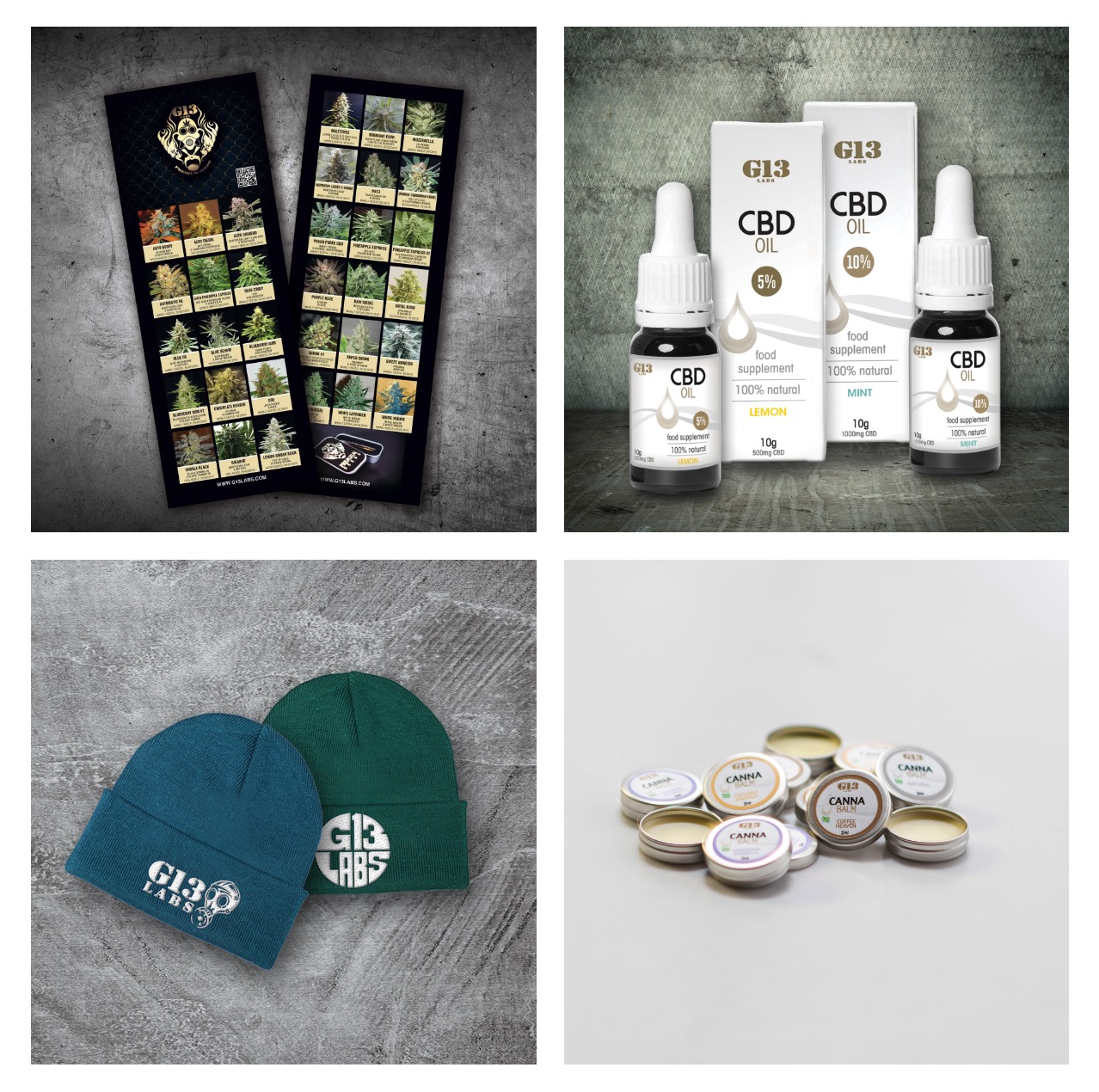 Katalog z odmianami roślin, buteleczki z olejem CBD o różnych stężeniach i smakach, dwie czapki z logo firmy oraz metalowe pudełka z balsamem konopnym na szarym tle.