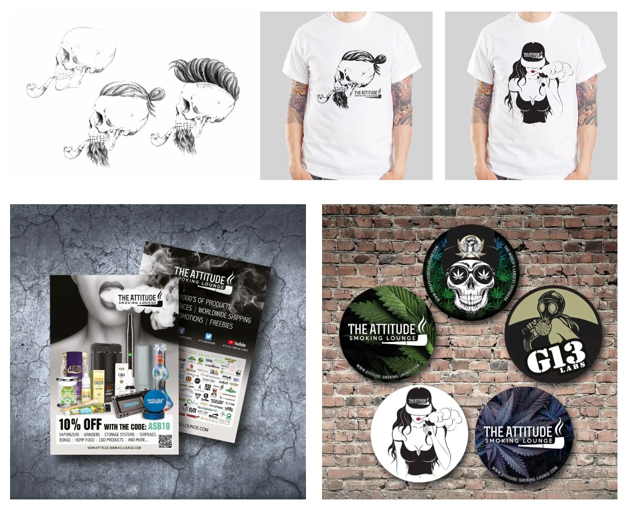 Grafiki z motywem czaszek i logo 'The Attitude Smoking Lounge' na koszulkach, naklejkach i ulotce reklamowej, prezentowane na różnych tłach.