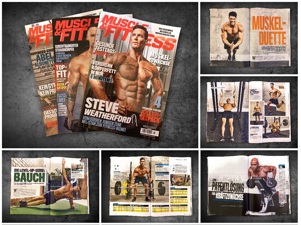 Zestawienie otwartych magazynów fitness, prezentujących sylwetki wysportowanych mężczyzn i artykuły o treningu, dietach i budowaniu masy mięśniowej na ciemnoszarym tle.