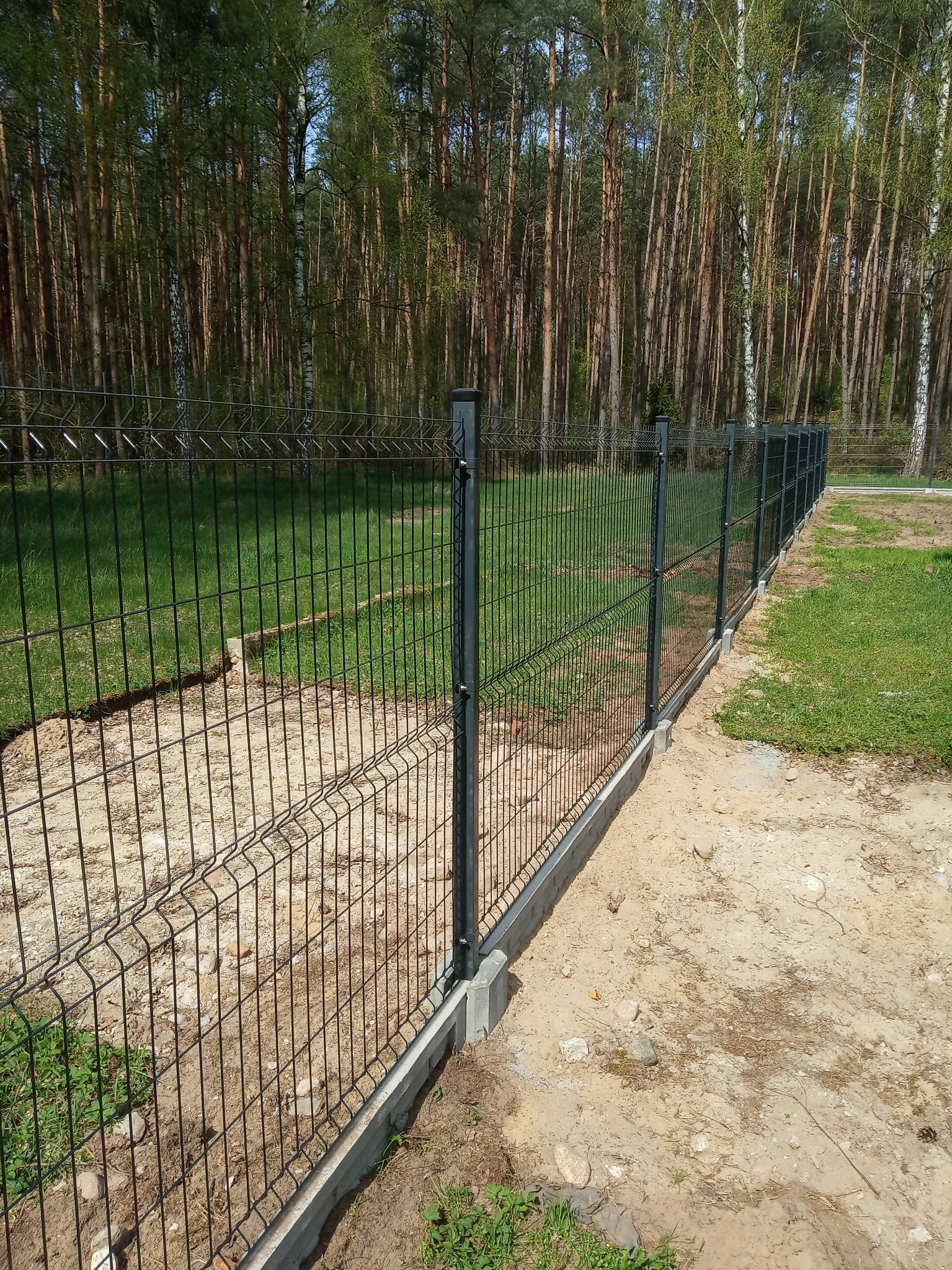 Nowoczesne, antracytowe ogrodzenie panelowe z podmurówką betonową, widok z boku, w tle las iglasty i trawnik.