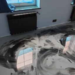 Biało-czarna podłoga z efektem marmuru w pomieszczeniu z grzejnikiem i oknem zasłoniętym niebieską tkaniną.