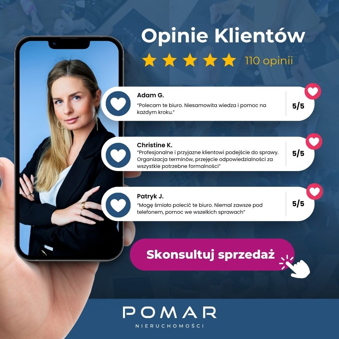 Opinie klientów biura nieruchomości Pomar prezentowane na ekranie smartfona. Pięć gwiazdek i pozytywne recenzje Adama G., Christine K. i Patryka J. zachęcają do konsultacji sprzedaży.