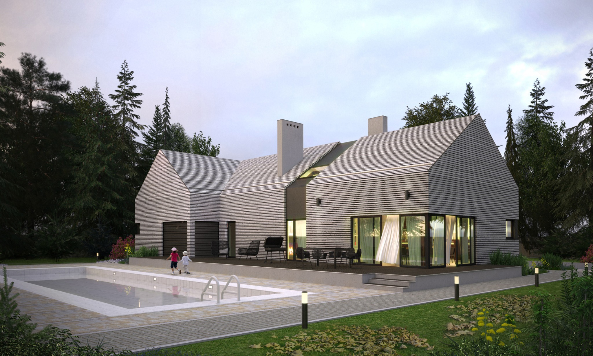 Nowoczesny dom z drewnianą elewacją i basenem, dwoje dzieci bawi się przy basenie, widok z ogrodu.