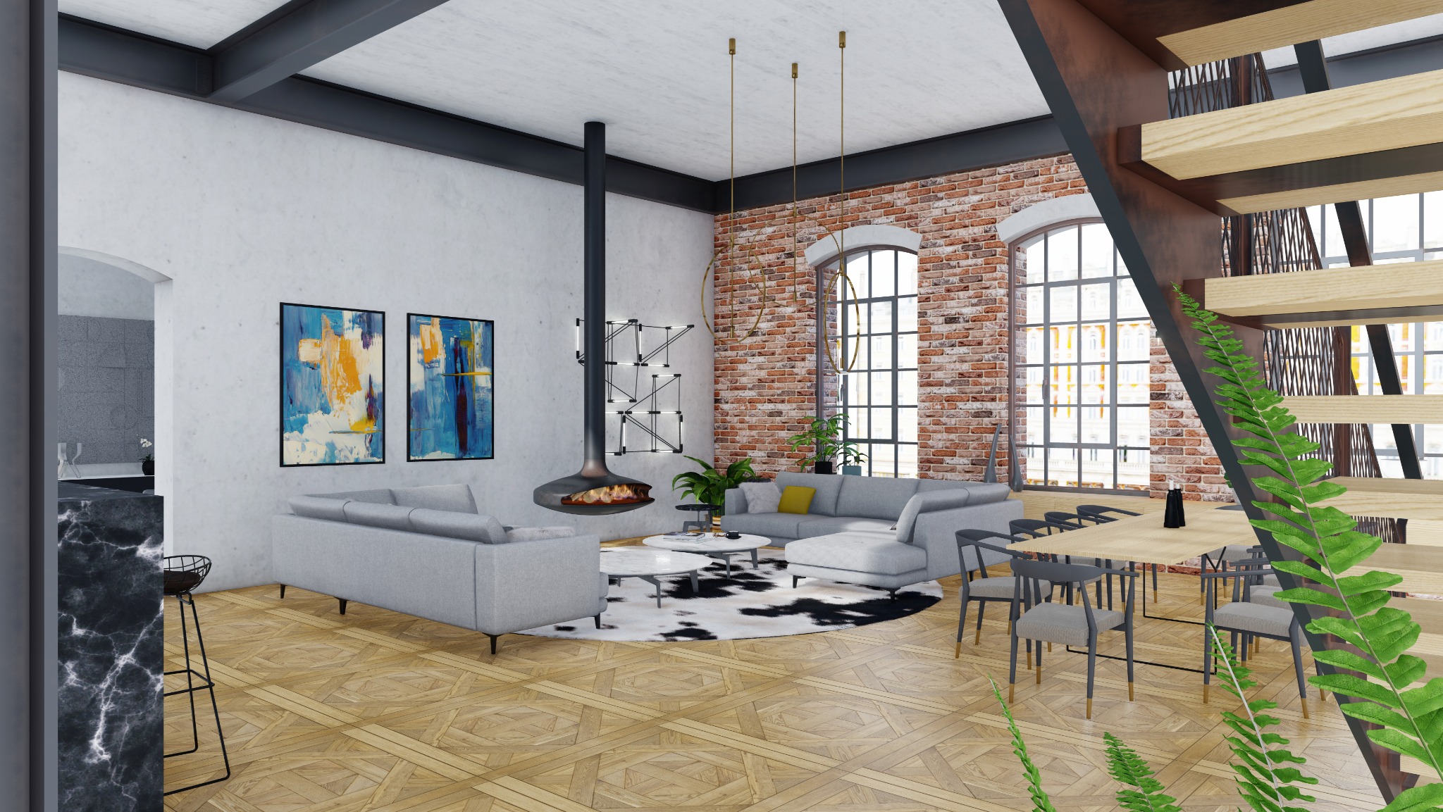 Jasny salon w stylu loft z ceglaną ścianą, wiszącym kominkiem, szarą sofą, drewnianą podłogą i schodami z rośliną w pierwszym planie