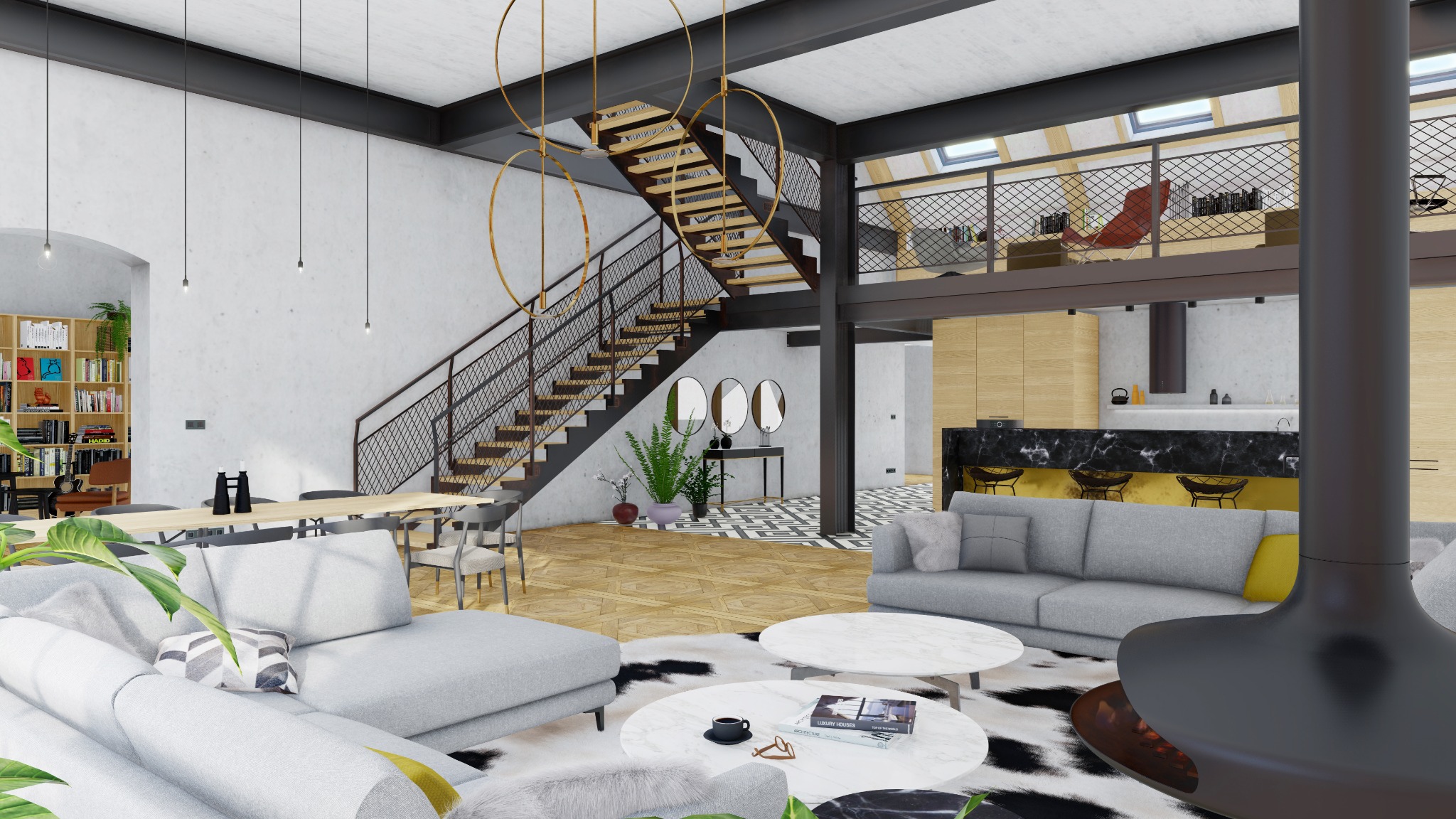 Przestronny salon w stylu loft z antresolą, szarą sofą, marmurowymi stolikami kawowymi i schodami z metalową balustradą, oświetlony wiszącymi lampami w kształcie złotych okręgów.