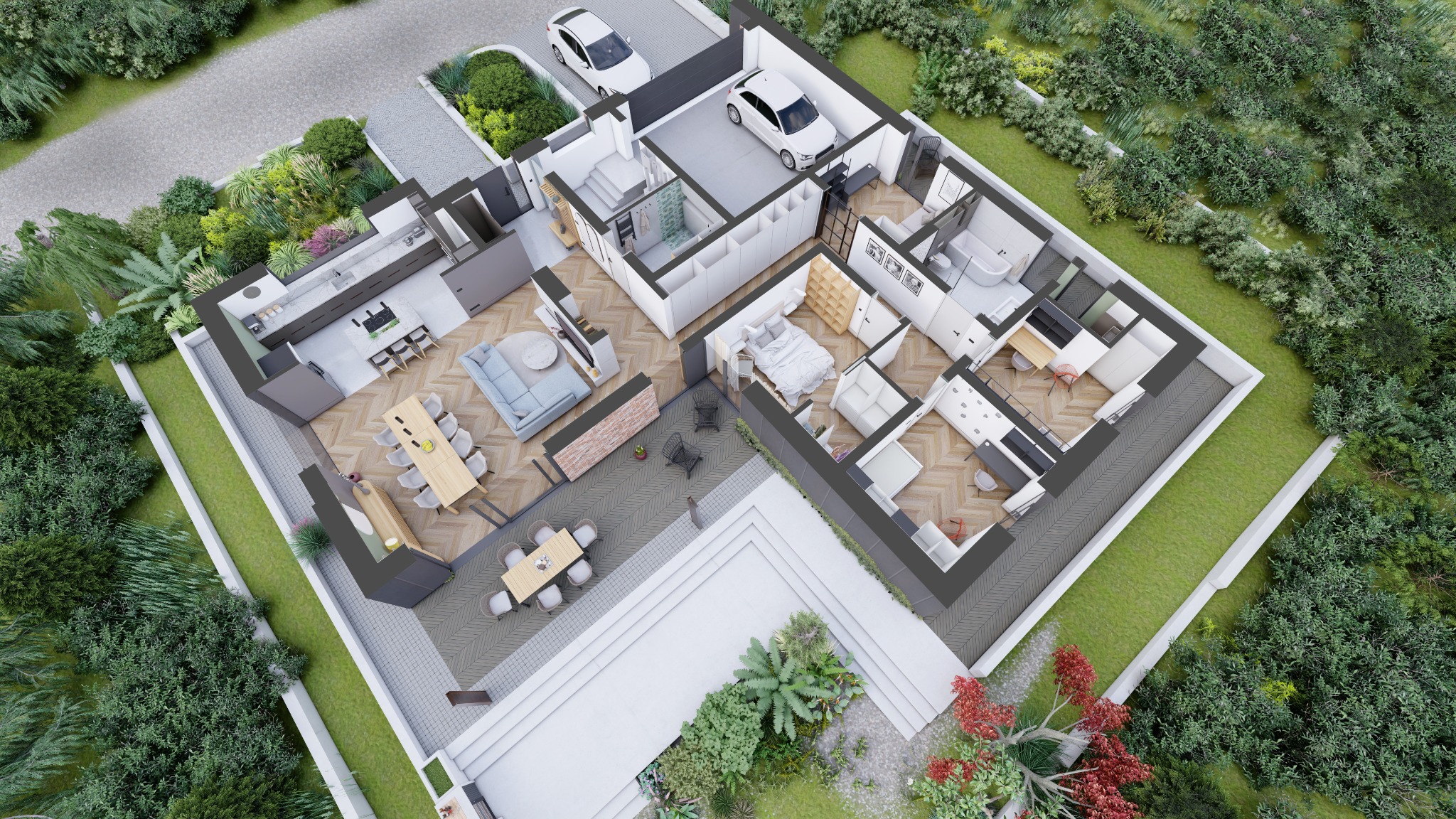 Widok z góry na plan domu z ogrodem, ukazujący rozkład pomieszczeń, meble i wykończenie wnętrz w minimalistycznym stylu.