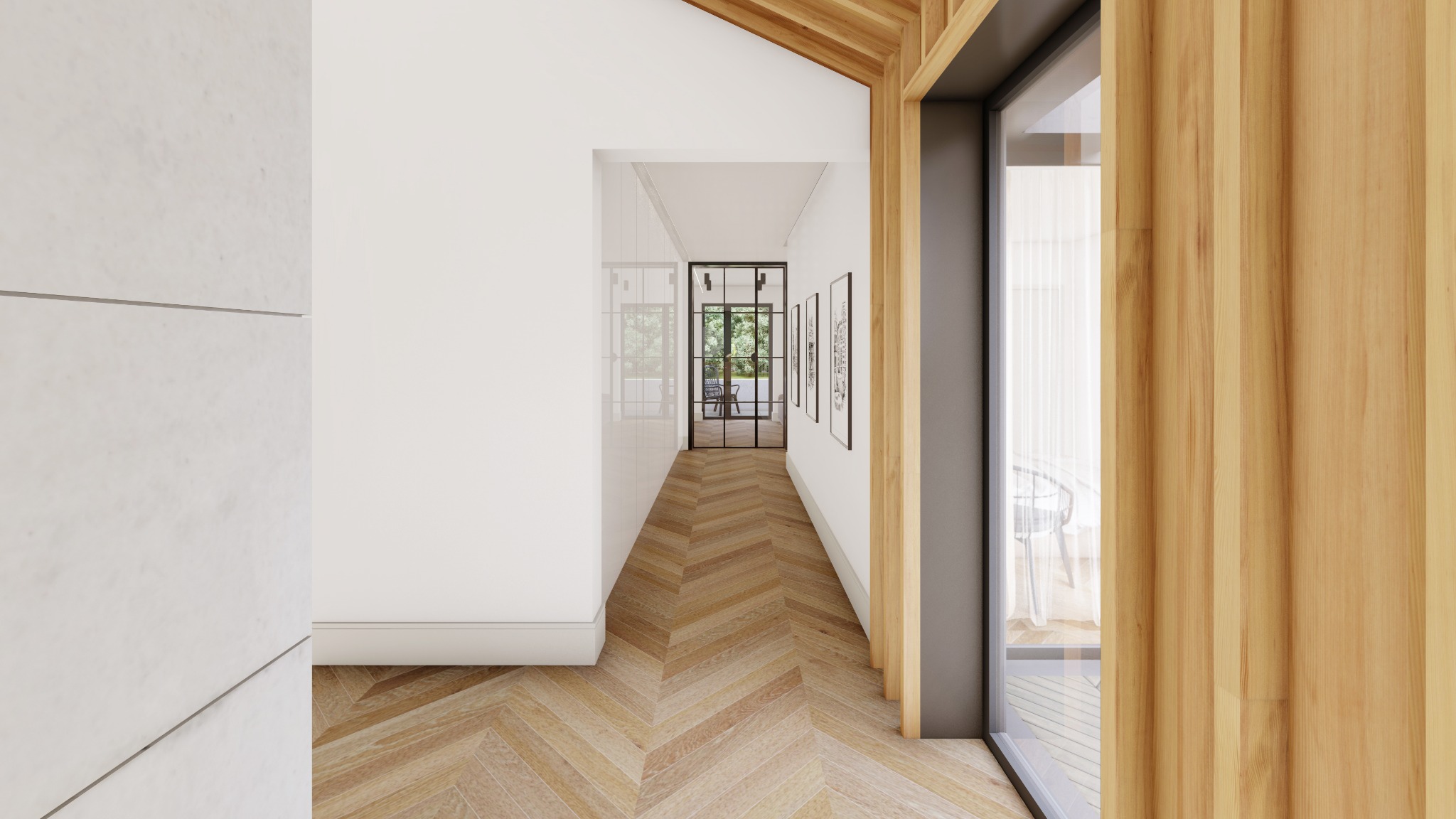 Jasny korytarz z parkietem w jodełkę, białe ściany, drewniane wykończenia i czarne, przeszklone drzwi na końcu, prowadzące do ogrodu.