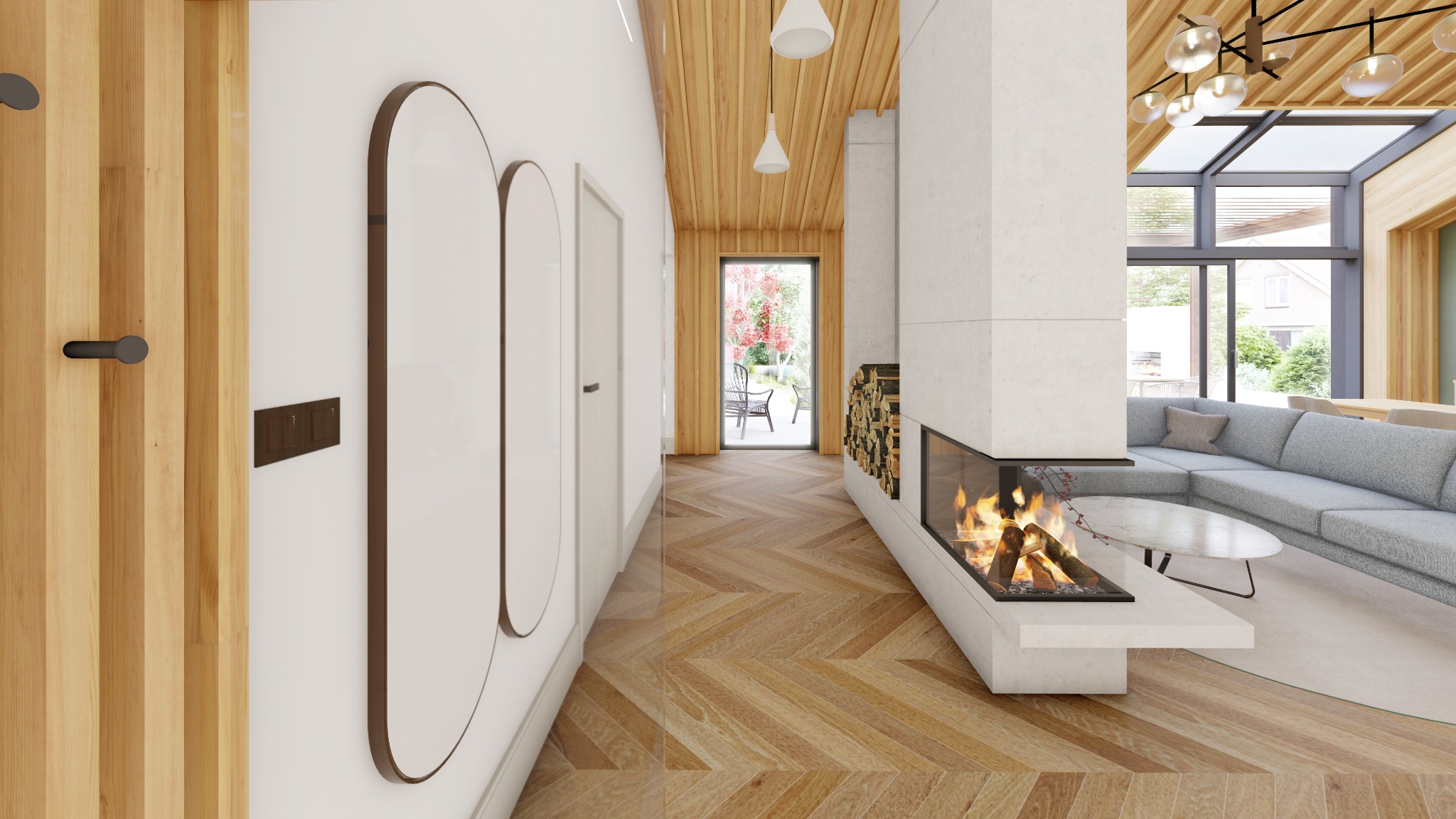 Nowoczesne wnętrze domu z parkietem w jodełkę, białymi ścianami, drewnianym sufitem i kominkiem z paleniskiem, widok na salon z szarą sofą i taras.