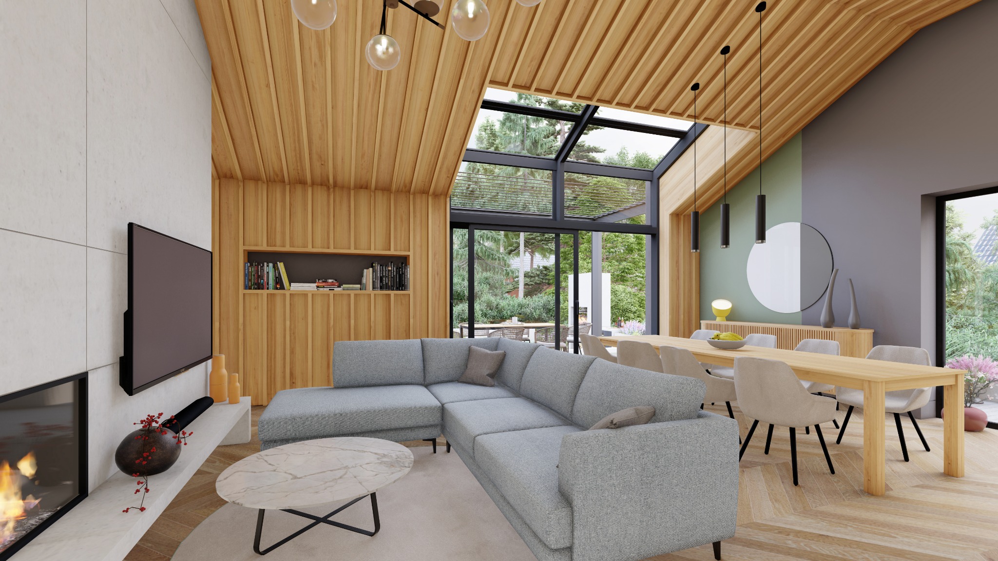 Jasne wnętrze domu z drewnianym sufitem i ścianami, dużym oknem dachowym, szarym narożnikiem, marmurowym stolikiem kawowym i kominkiem z płomieniami, widok na jadalnię z drewnianym stołem i krzesłami.