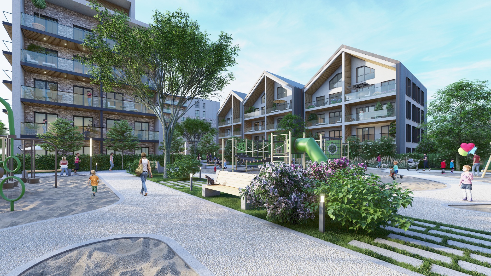Wizualizacja osiedla mieszkaniowego z placem zabaw, budynki wielorodzinne z balkonami, elementy małej architektury i zieleń.