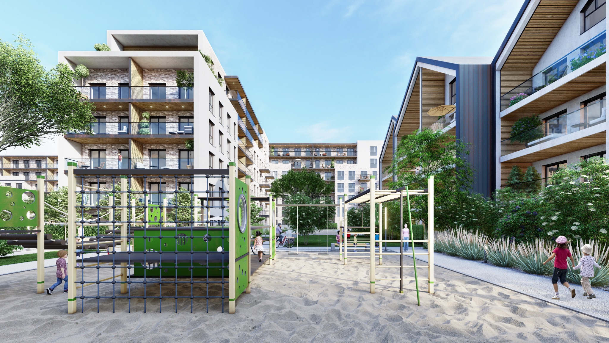 Wizualizacja osiedla mieszkaniowego w Warszawie z placem zabaw dla dzieci, nowoczesna architektura budynków z balkonami i zielenią.