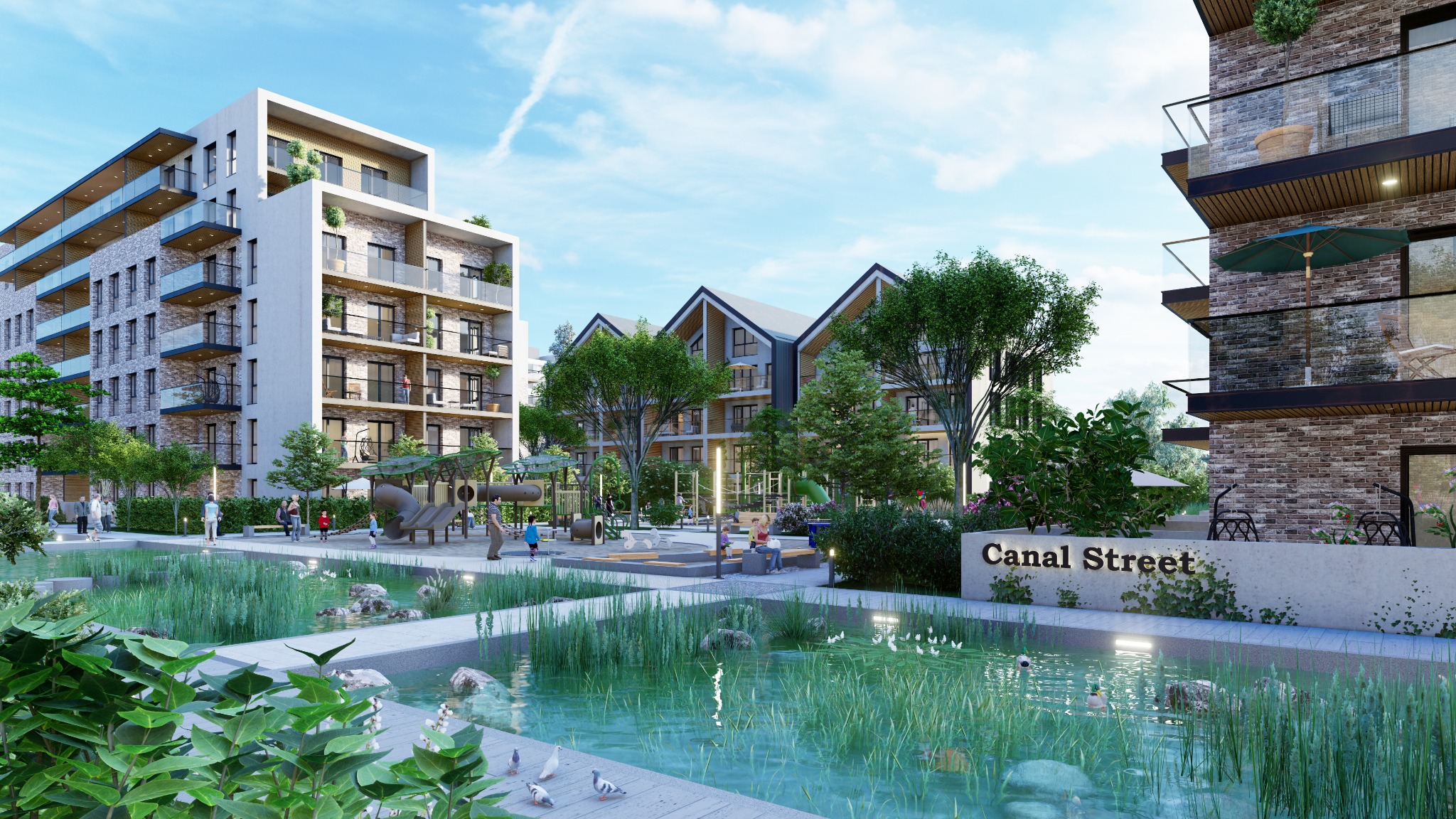 Wizualizacja osiedla mieszkaniowego z placem zabaw, stawem i nazwą 'Canal Street' na murku.