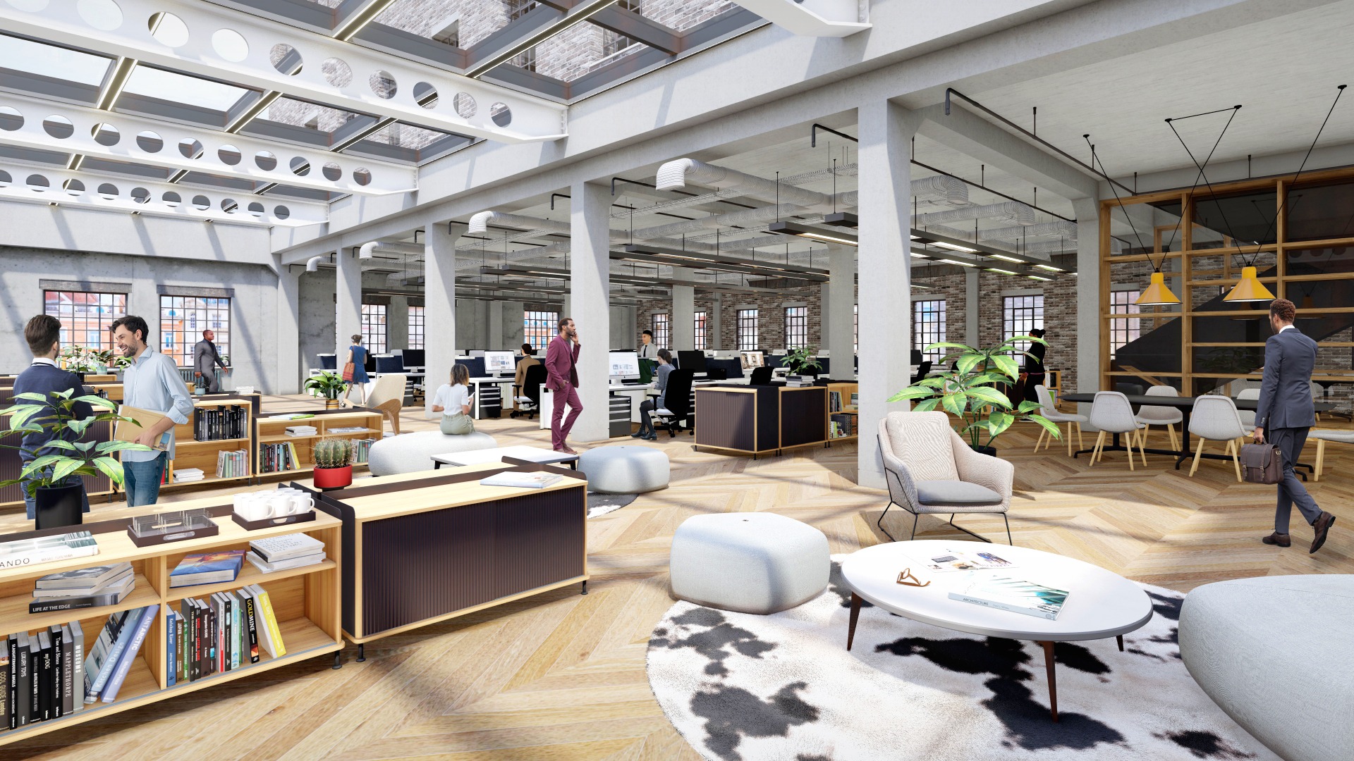 Przestronne biuro w stylu loft z wysokim sufitem, betonowymi kolumnami, dużymi oknami, drewnianą podłogą w jodełkę, otwartą przestrzenią do pracy, regałami z książkami, roślinami doniczkowymi...