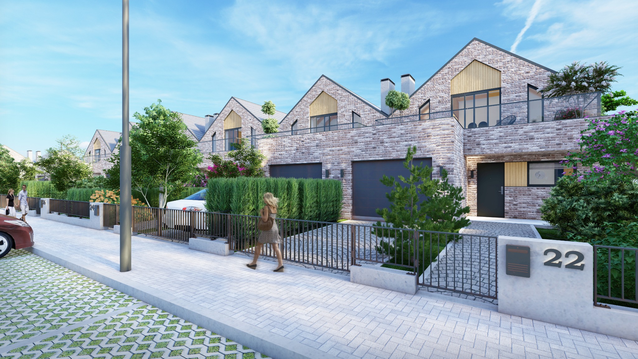 Wizualizacja szeregu nowoczesnych domów z cegły z garażami, zieleń i kobieta spacerująca wzdłuż ogrodzenia.