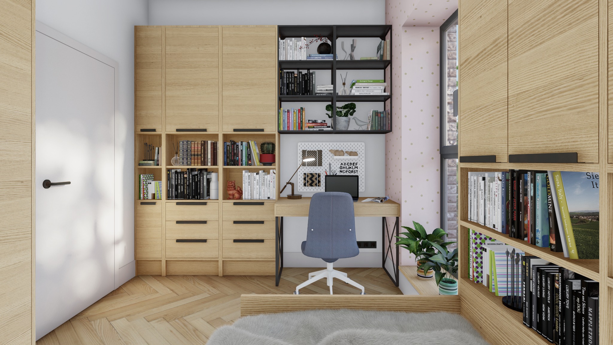 Pokój ucznia z biurkiem, krzesłem i regałami z jasnego drewna, uzupełniony czarnymi elementami, dekoracjami i roślinami doniczkowymi, na podłodze parkiet w jodełkę.