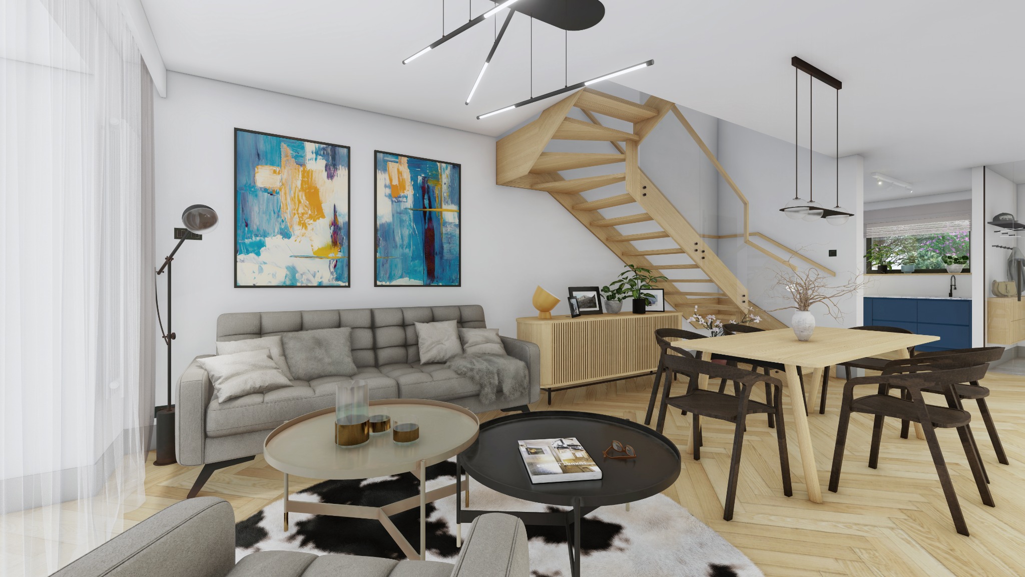 Jasne wnętrze z drewnianymi schodami, szarą sofą, abstrakcyjnymi obrazami na ścianie i stołem z krzesłami w stylu skandynawskim.