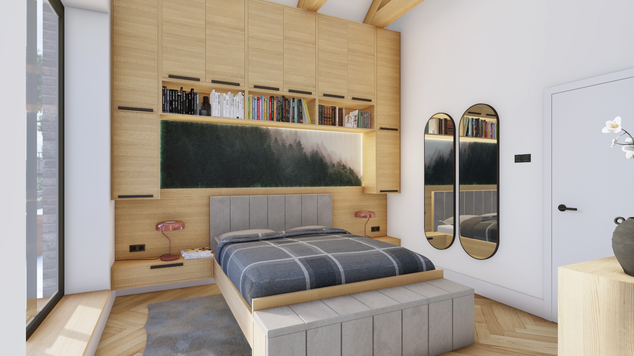 Nowoczesna sypialnia z drewnianą zabudową meblową, wbudowanymi półkami na książki, podświetlanym panelem z motywem leśnym nad wezgłowiem łóżka, oraz dwoma owalnymi lustrami na ścianie.