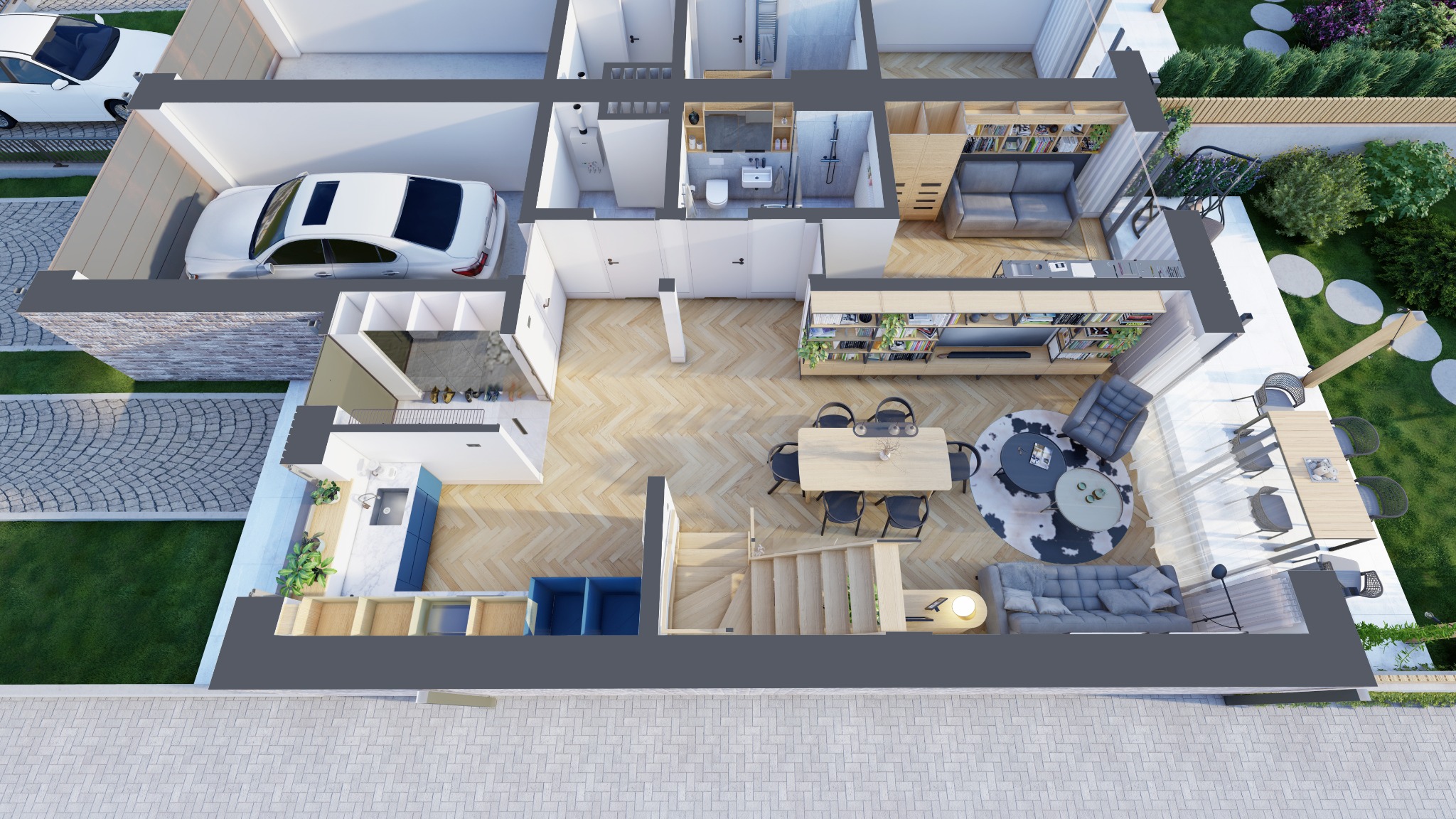 Rzut z góry na dwupoziomowy dom z garażem, ukazuje układ pomieszczeń, meble i wyposażenie w stylu nowoczesnym, z wyjściem na taras i ogród