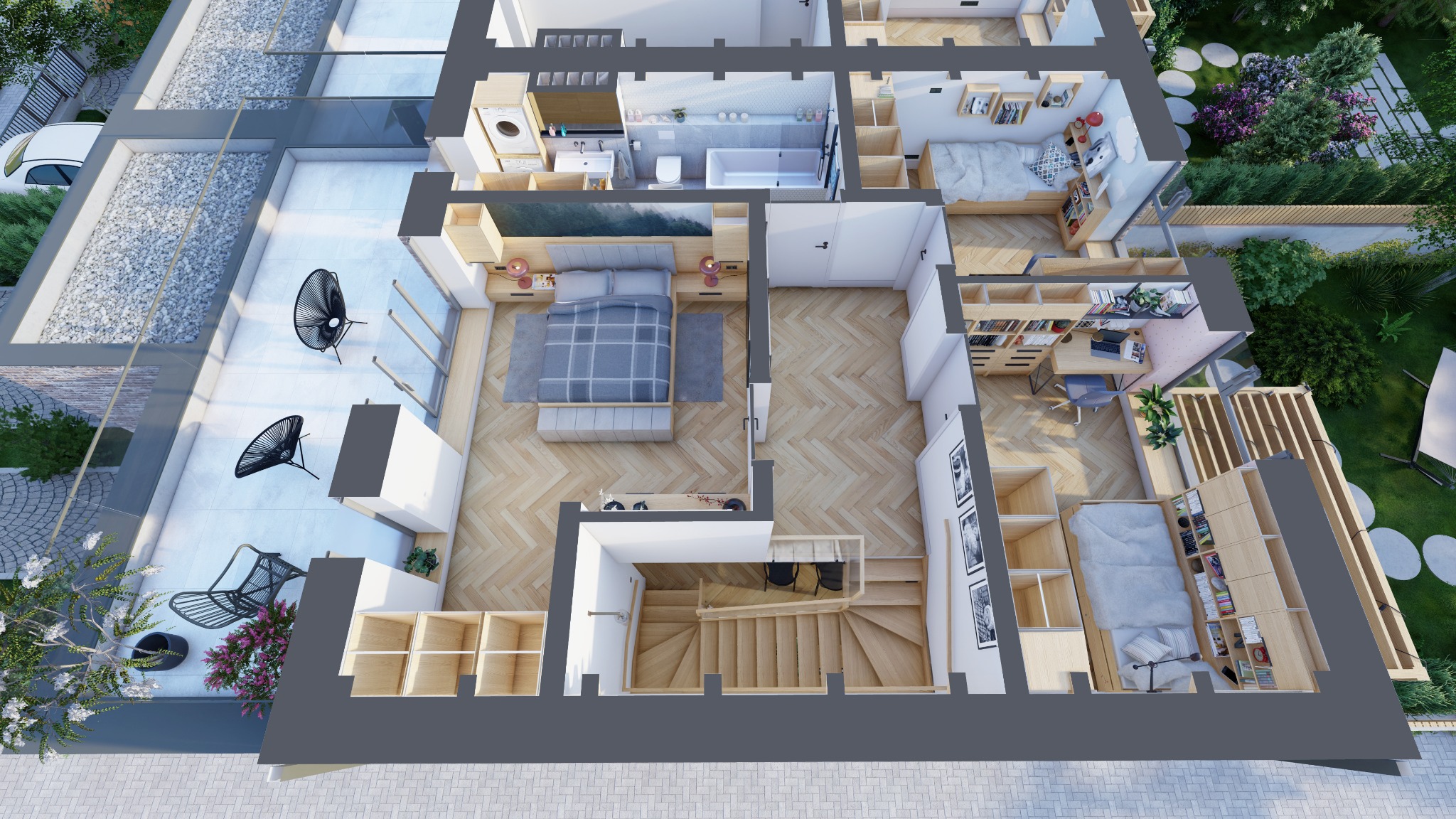 Widok z góry na plan mieszkania z sypialnią, łazienką, biurem i balkonem z krzesłami z wikliny oraz parkietem w jodełkę.