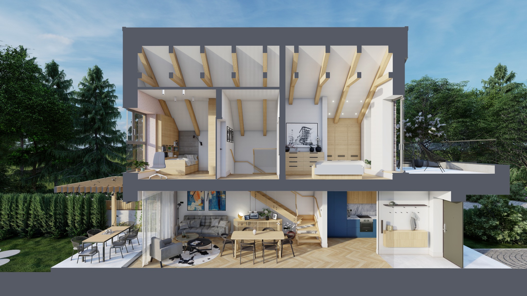 Przekrój 3D przez dwukondygnacyjny dom z widocznym wyposażeniem: sypialnie na poddaszu z drewnianymi belkami stropowymi, salon z sofą i dywanem w krowie łaty, jadalnia z drewnianym stołem, kuchnia...