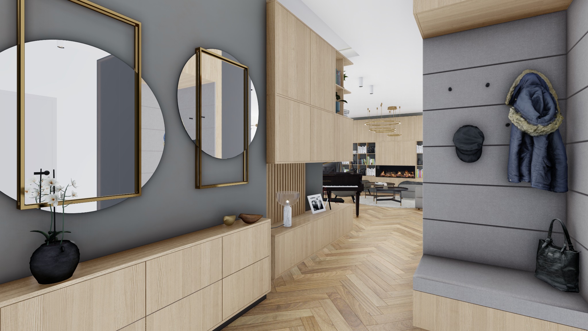 Wnętrze nowoczesnego mieszkania z drewnianą podłogą w jodełkę, szarą ścianą z okrągłymi lustrami w złotych ramach, drewnianą komodą z kwiatami w wazonie, pianinem w tle oraz wieszakiem z kurtką...