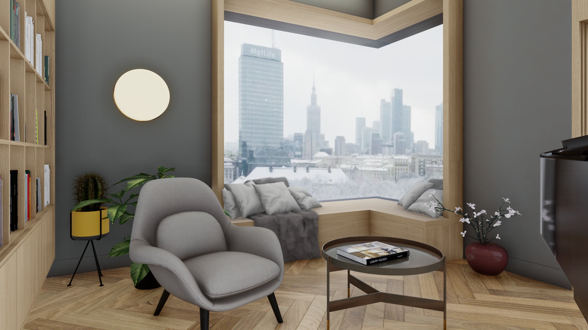 Nowoczesny salon z szarymi ścianami, parkietem w jodełkę i dużym oknem z widokiem na zimowe miasto, fotel w stylu retro i stolik kawowy z książką.