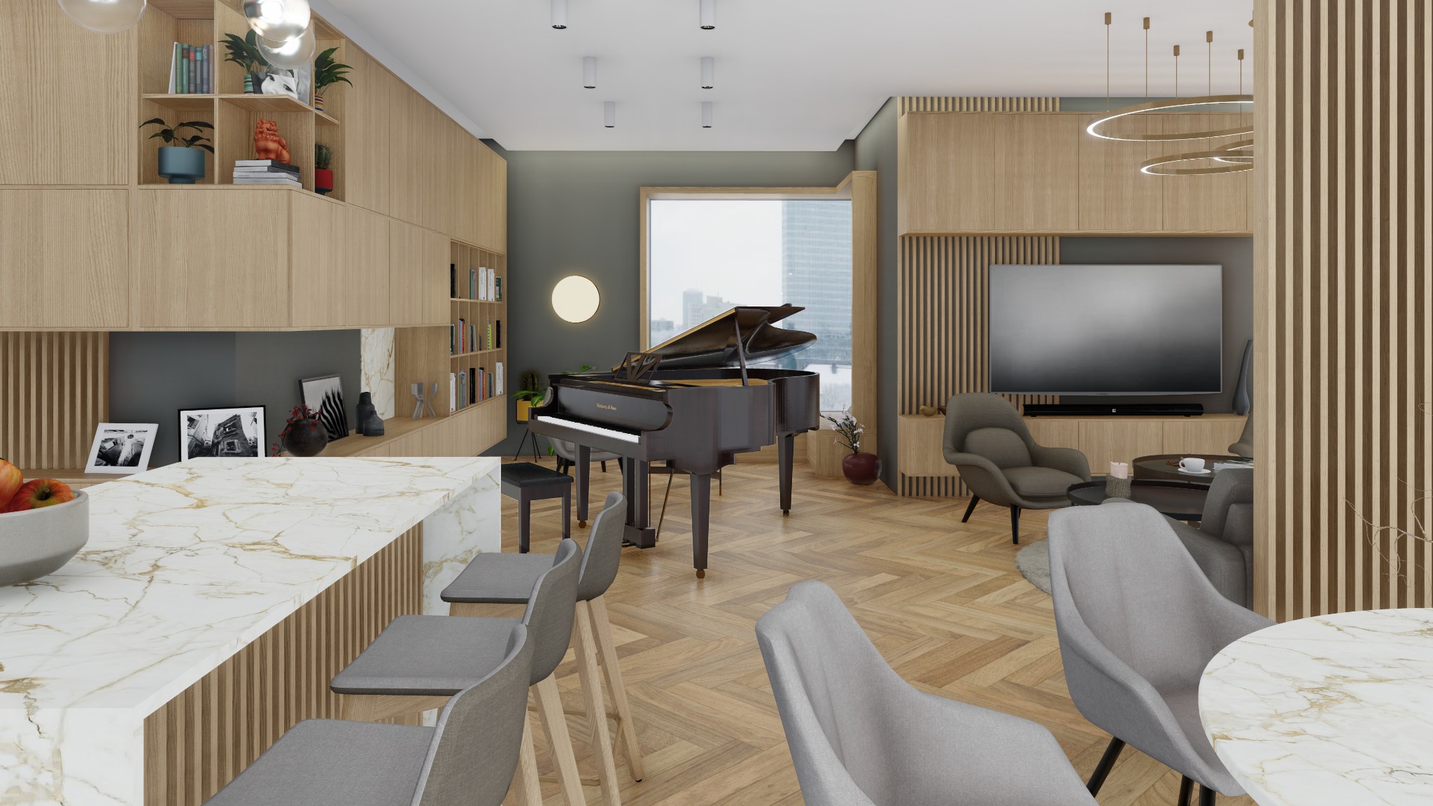 Jasne, przestronne wnętrze z parkietem w jodełkę, fortepianem Steinway & Sons pod oknem z widokiem na miasto, marmurowym blatem kuchennym i drewnianymi meblami w zabudowie.