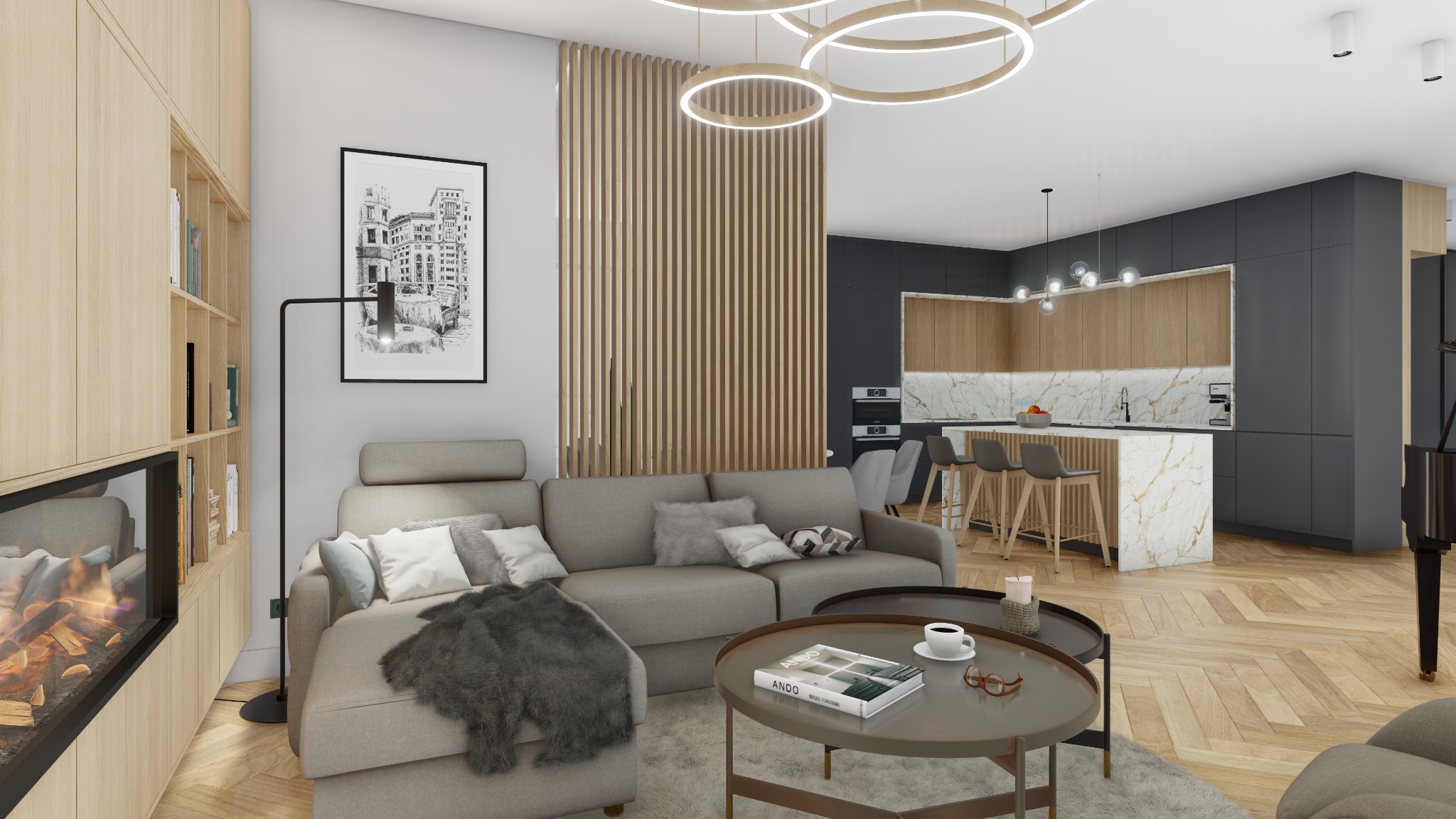 Wizualizacja salonu z kominkiem, sofą narożną i otwartą kuchnią z wyspą, oświetlonego nowoczesnymi lampami pierścieniowymi. Na stoliku kawowym książka i filiżanka.