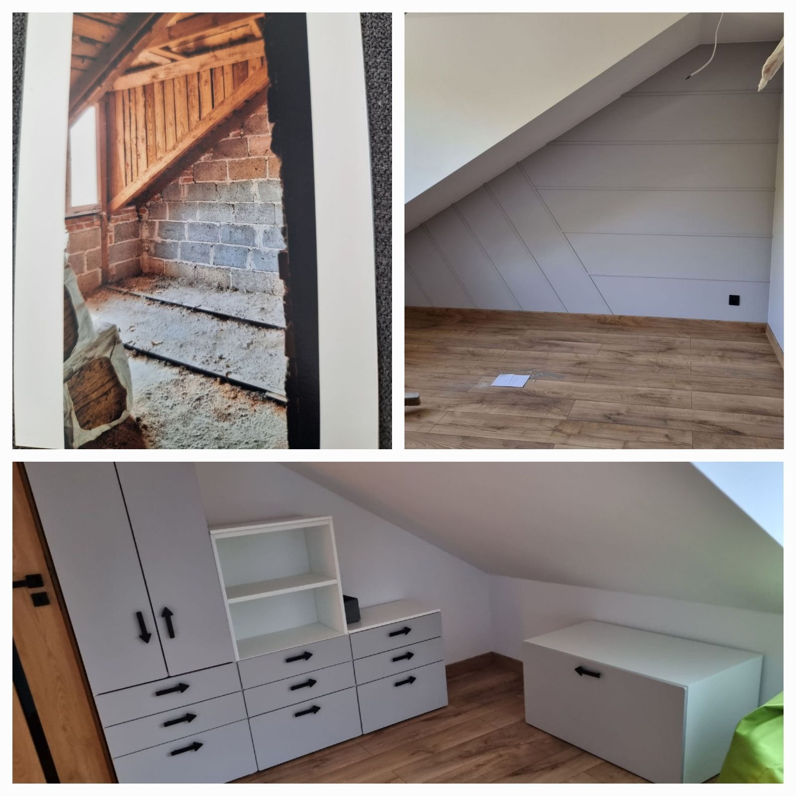 Adaptacja poddasza: widok stanu surowego, wykończonej ściany ze skosem i drewnianą podłogą oraz zabudowy meblowej z szarymi szafkami i białymi półkami, uzupełnionej skrzynią z uchwytem strzałkowym.