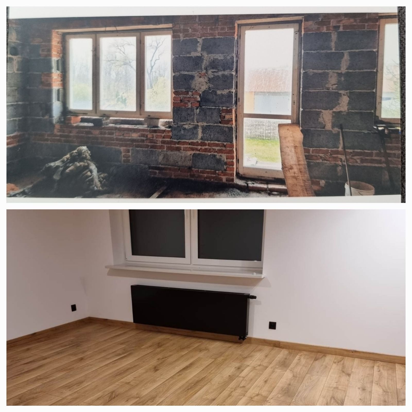 Porównanie stanu surowego i wykończonego pokoju: widok na dwa okna w ścianie z surowej cegły i betonu przed remontem oraz ten sam pokój po remoncie z pomalowanymi ścianami na biało, drewnianą...