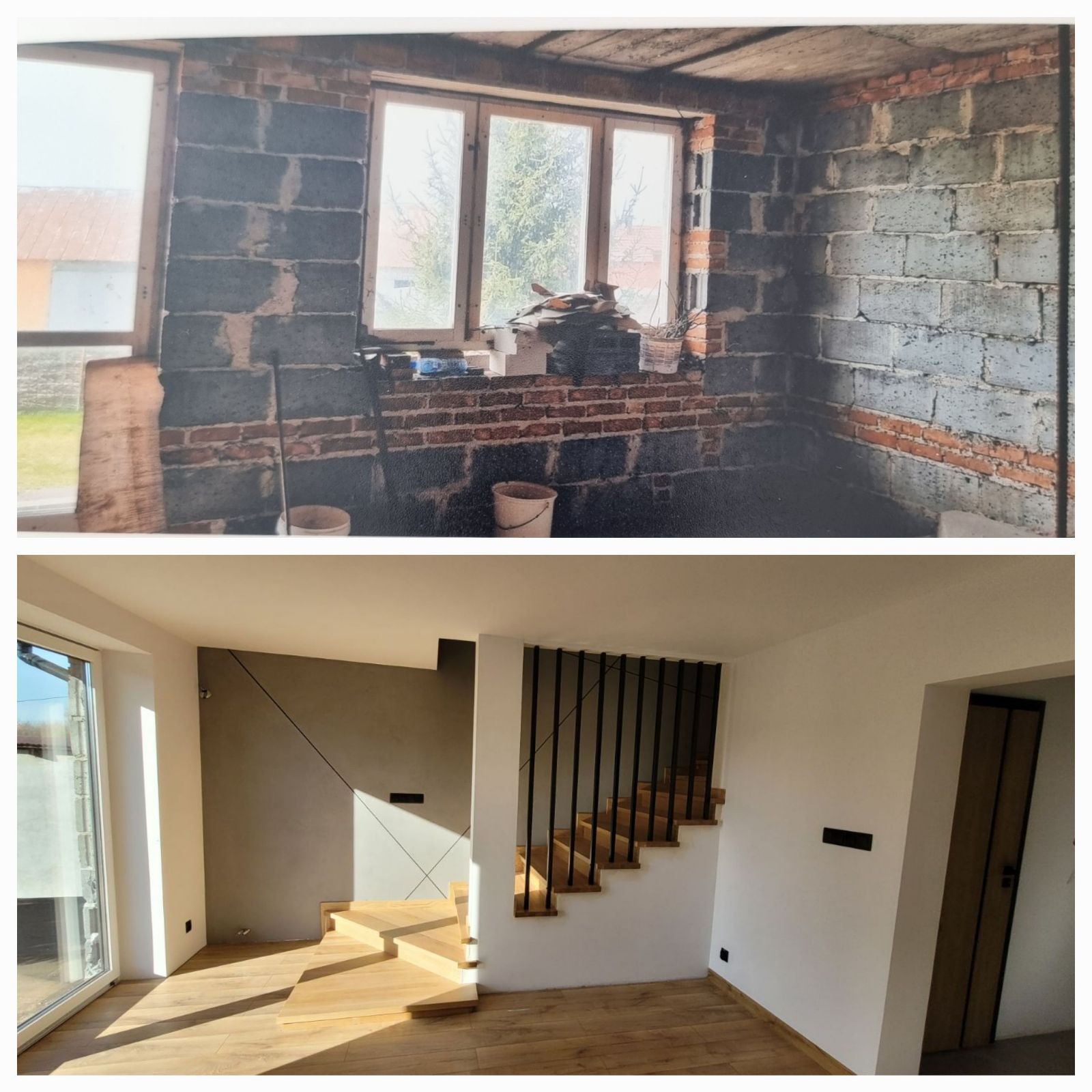 Porównanie stanu surowego i wykończonego wnętrza: ściany z pustaków przed i po, drewniane schody z czarną balustradą w nowoczesnym salonie z oknem.