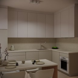 Prosta, nieduża kuchnia w mieszkaniu w bloku, została zaprojektowana w spokojnych, jasnych kolorach: bieli i piaskowym odcieniu beżu.
