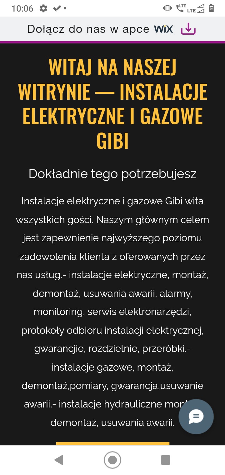 Zrzut ekranu strony internetowej firmy oferującej instalacje elektryczne i gazowe, z nagłówkiem 'Witaj na naszej witrynie - Instalacje elektryczne i gazowe Gibi' oraz listą świadczonych usług.