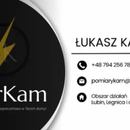Wizytówka firmy EnerKam z Lubina, oferującej usługi elektryczne. Widoczny symbol błyskawicy w logo, dane kontaktowe i obszar działania obejmujący Lubin, Legnicę i okolice.