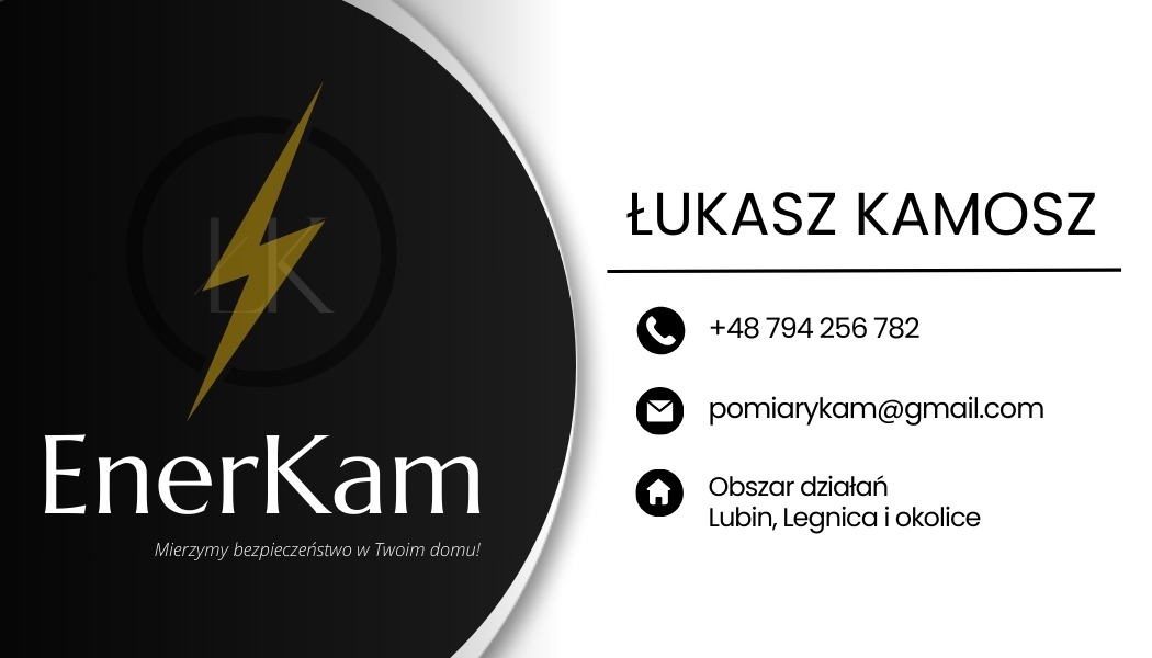 Wizytówka firmy EnerKam z Lubina, oferującej usługi elektryczne. Widoczny symbol błyskawicy w logo, dane kontaktowe i obszar działania obejmujący Lubin, Legnicę i okolice.