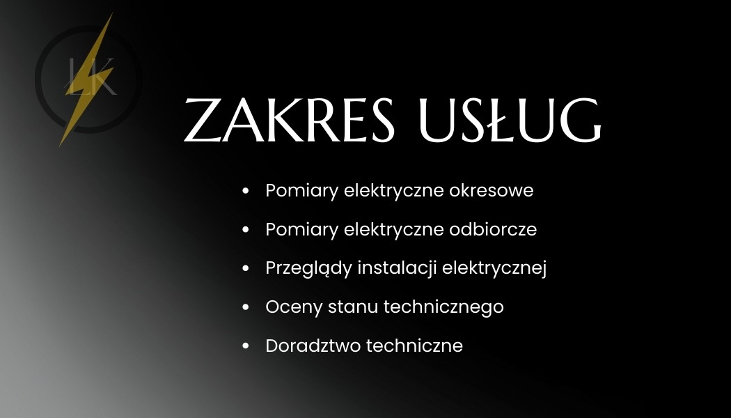Grafika przedstawiająca zakres usług elektrycznych, w tym pomiary okresowe i odbiorcze, przeglądy instalacji, oceny stanu technicznego oraz doradztwo, z symbolem błyskawicy w logo.