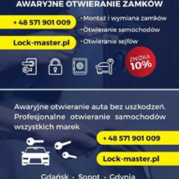 Grafika reklamowa usług awaryjnego otwierania zamków, samochodów i sejfów, z numerem telefonu i adresem strony internetowej.