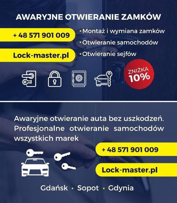 Grafika reklamowa usług awaryjnego otwierania zamków, samochodów i sejfów, z numerem telefonu i adresem strony internetowej.