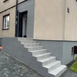 Wykończone płytkami schody wejściowe do domu w Katowicach, z szarą elewacją i widocznym fragmentem chodnika z kostki brukowej.