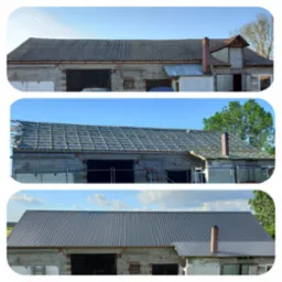 Trzy etapy remontu dachu budynku gospodarczego: stara, azbestowa dachówka, konstrukcja pod nowy dach i gotowe pokrycie z blachy trapezowej.