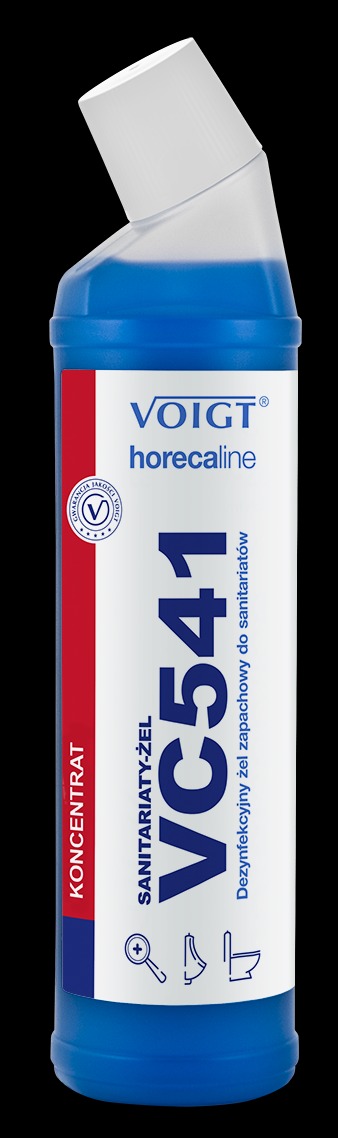 Butelka koncentratu żelu do sanitariatów Voigt VC541 z białym dozownikiem na czarnym tle.