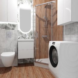 M-Tech Maksym Dykunets - Nowoczesna łazienka z kabiną prysznicową, umywalką z podświetlanym lustrem, toaletą i pralką. Ściany wykończone płytkami w odcieniach szarości i drewna.