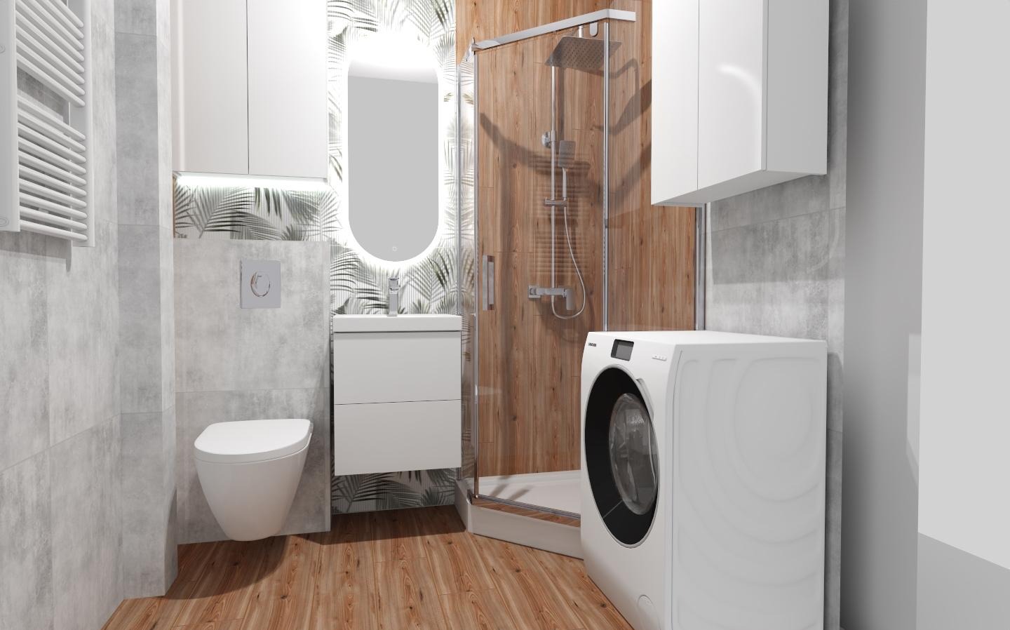 Nowoczesna łazienka z kabiną prysznicową, umywalką z podświetlanym lustrem, toaletą i pralką. Ściany wykończone płytkami w odcieniach szarości i drewna.